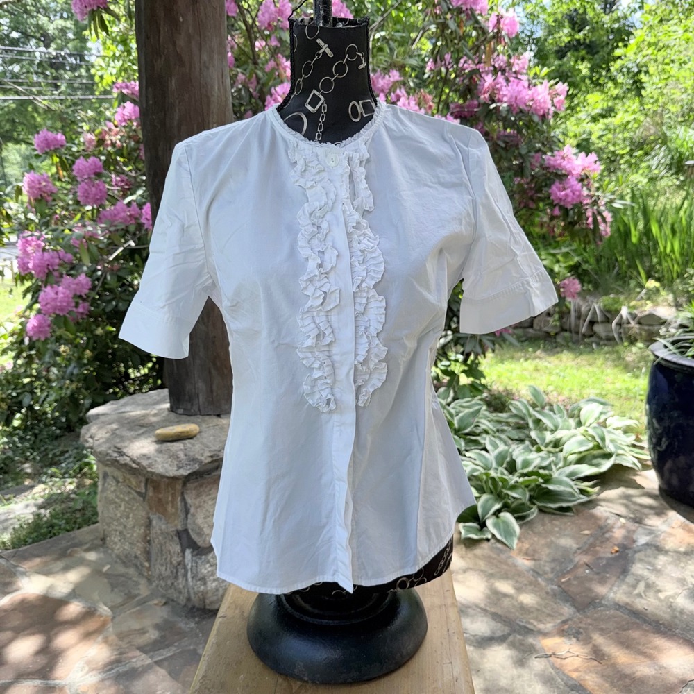Judith Hart Ruffle Button Down Blouse Size 12P White Excellent Short‎ Sleeve Top